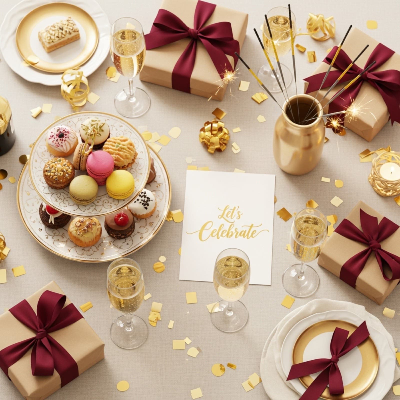 Celebration table with gold confetti and champagne