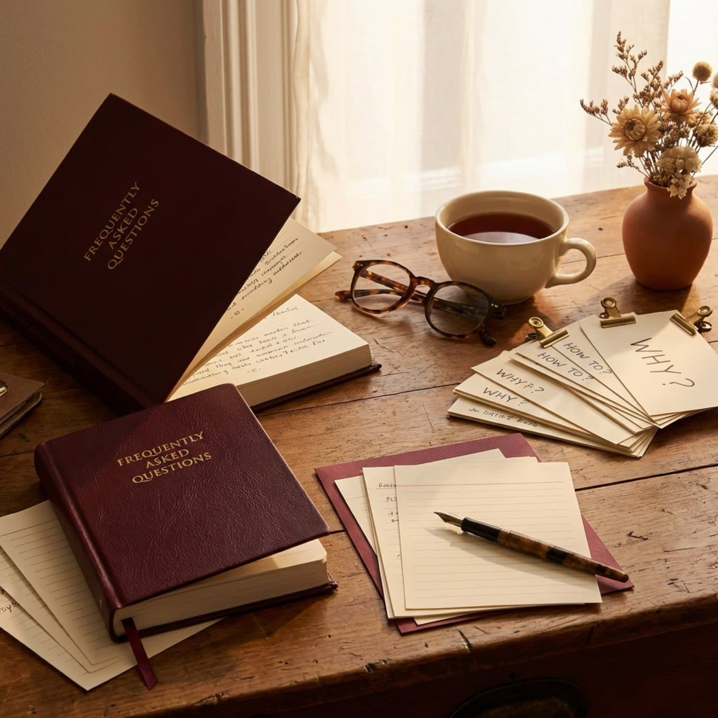 Tea and reference materials on an elegant desk