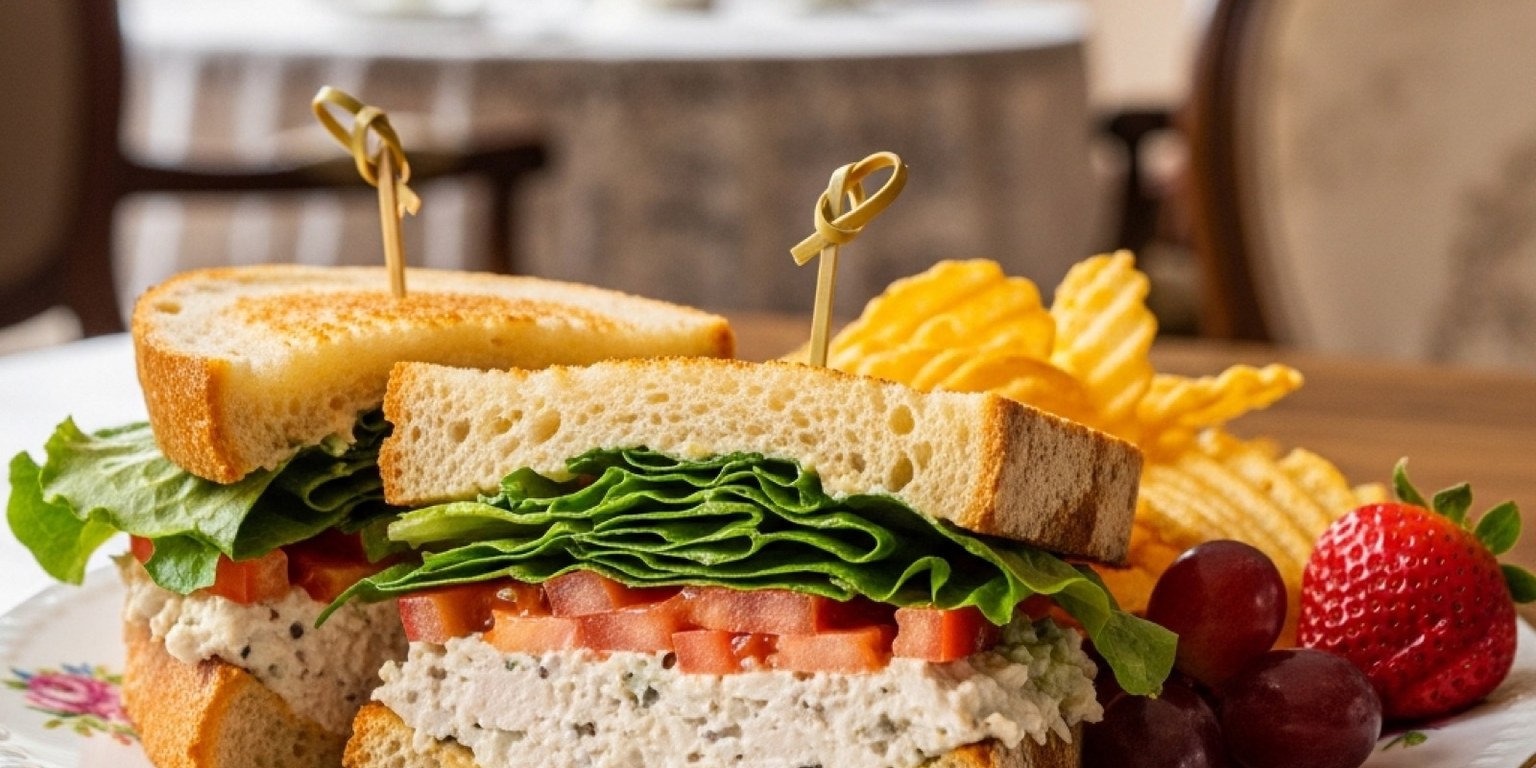 Casual lunch plate with sandwich, iced tea and sides